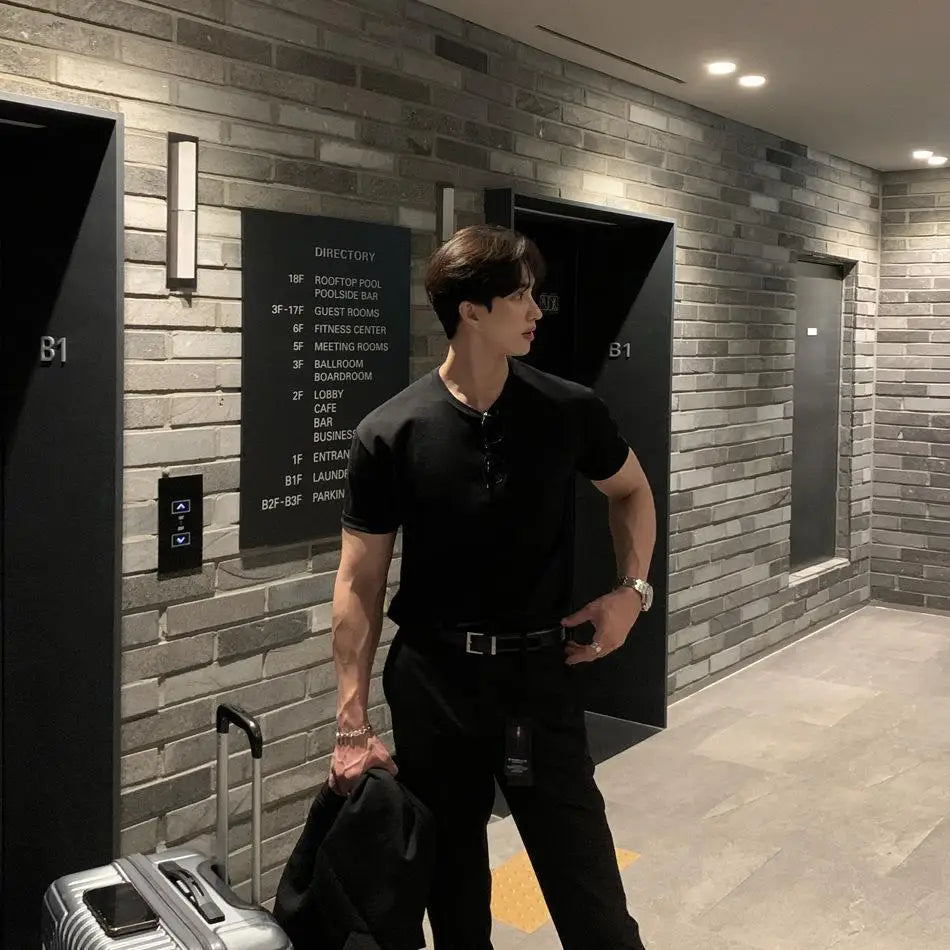 Summer Men‘s Short Sleeve Henley Neck T Shirts American Retro Casual Beach T-shirts Loose High-Quality Fitness Sports Shirt Tops voguable