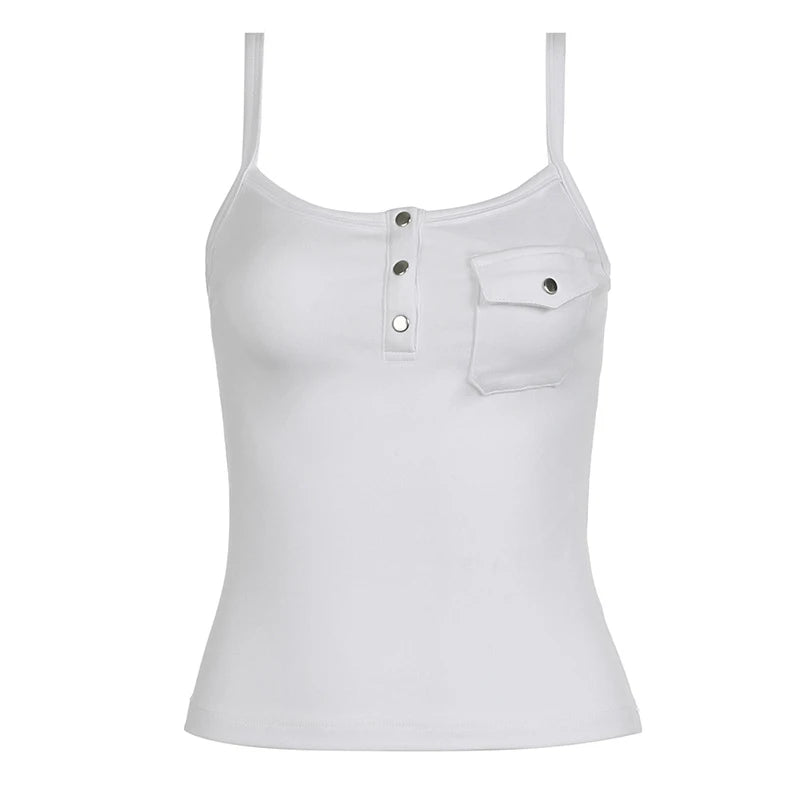 y2k Tops Women Solid Color Button Front Spaghetti Strap Sleeveless Camisole with Pocket Decor 2000s Vest Streetwear voguable