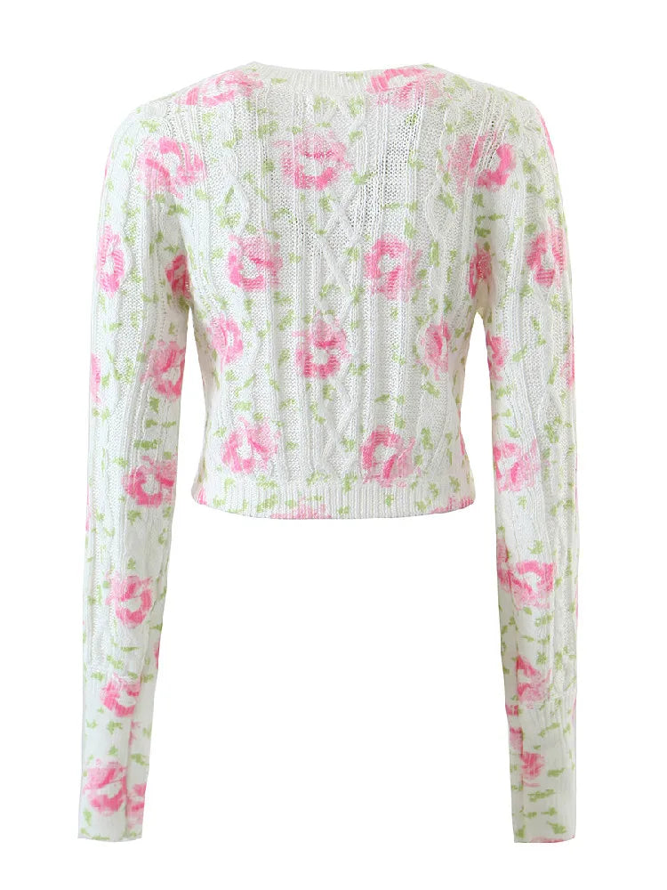 Autumn Retro Tie-dye Flower Print Cropped Cardigan Woman V neck Puff Long Sleeve Knitted Sweater Knitwear Jumper voguable