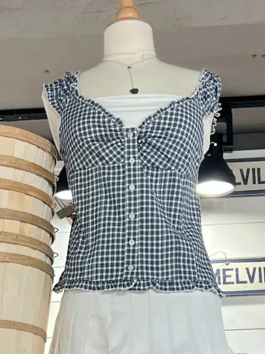Voguable  Yellow Sweet Folds Blouse Casual Single Top Women Breasted Ruffle Sleeveless Tank Cute Casual Tops Vest Preppy Style Camis Y2K voguable