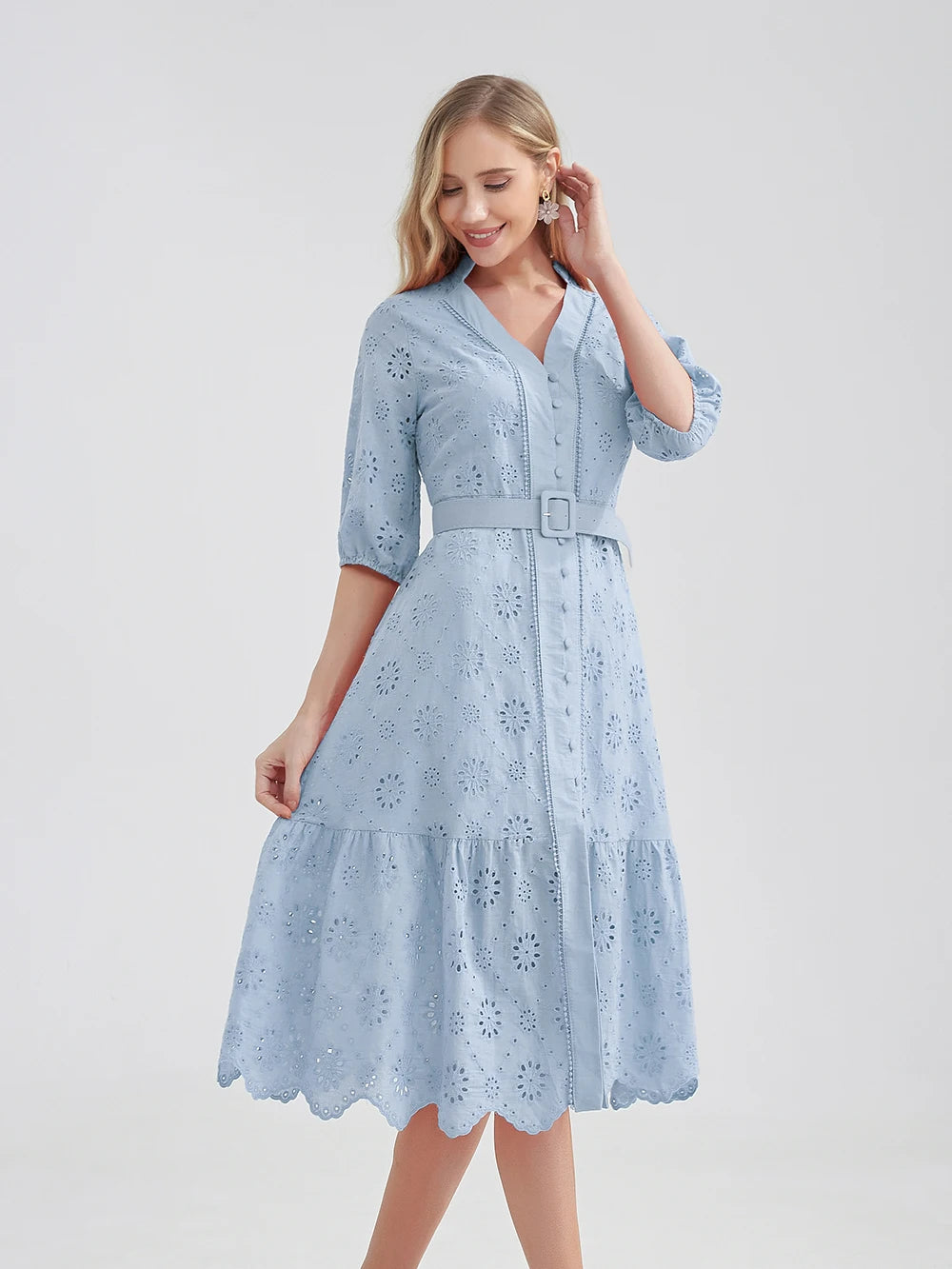 Cotton Hollow Out Summer Dress Women Holiday Perppy Casual High Waist Ruffled Mini V-Neck Dresses A-line Frills Vestido voguable