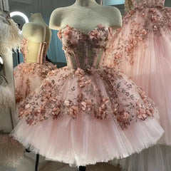Glittering 3D Flowers Ball Gown Short Quinceanera Dresses Sweetheart Sleeveless Prom Party Dress Lace Corset Evening Dress voguable