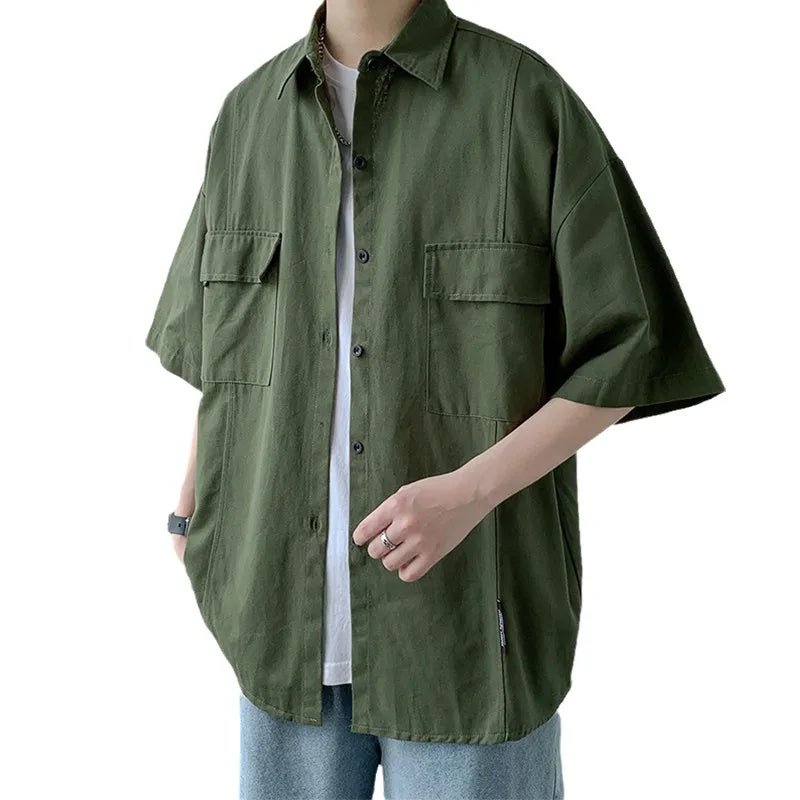 Working Pocket Solid Color Pure Cotton Short-sleeved Shirt Fashionable Summer Lapel Button Functional Half-sleeved Cardigan voguable