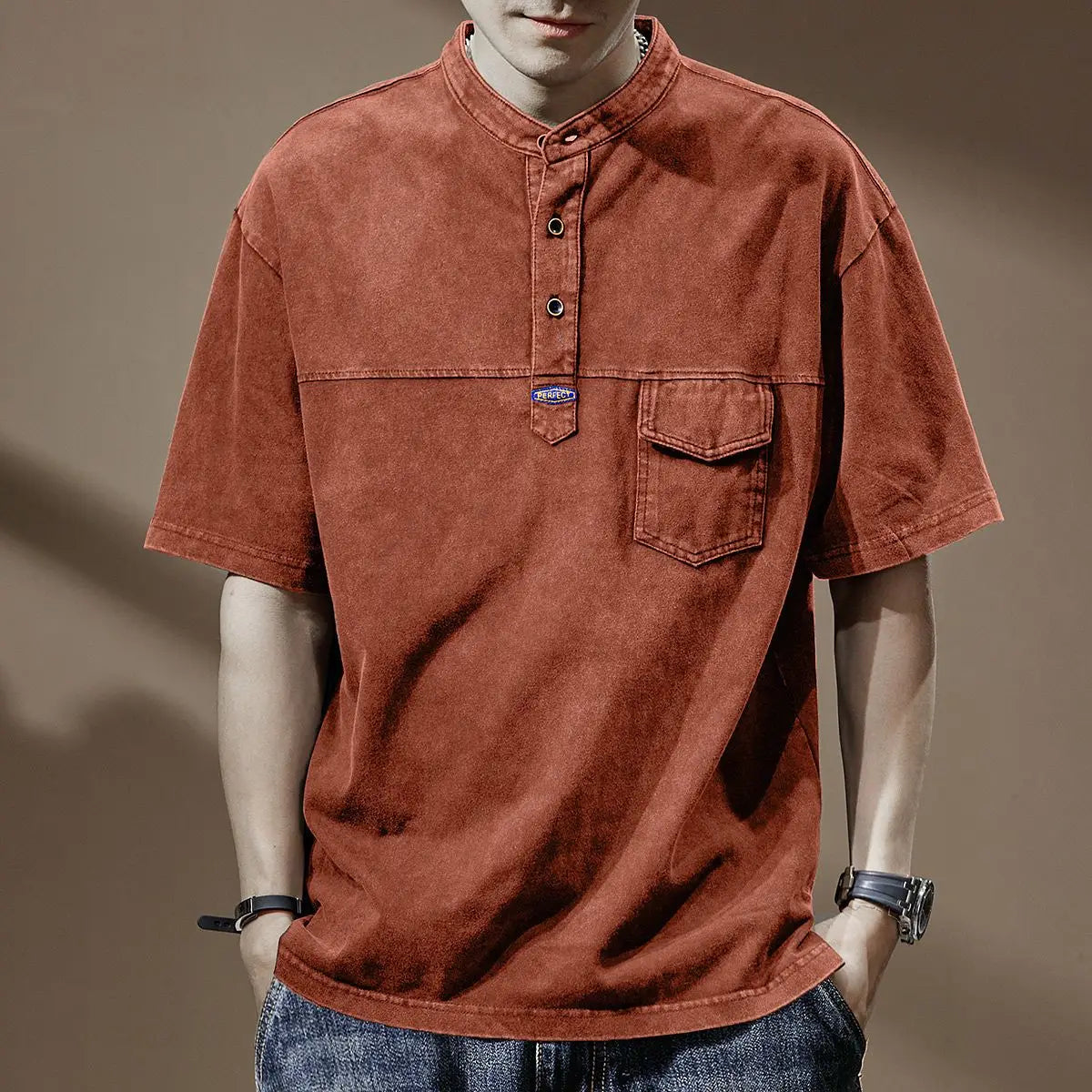 Voguable  Nostalgic Washed Summer New Polo Shirt Men's Heavy Fermentation Short-sleeved T-shirt Loose O-neck Half-sleeved T-shirt voguable