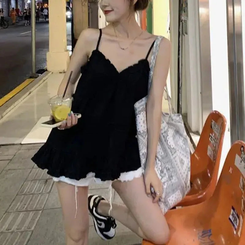 Voguable  Preppy Style Short Tank for Women Summer Ruffles Design White Camisole Woman Japanese Sweet Beach Sleeveless V-Neck Tops voguable