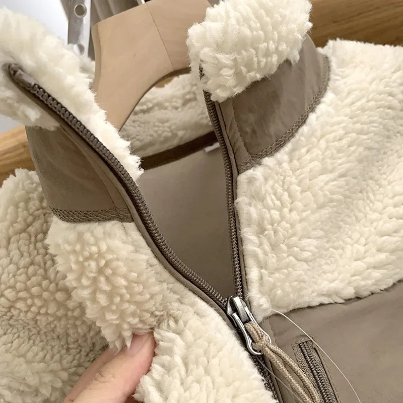 Autumn Winter Lambswool Coat Male Loose Windproof Warm Sherpa Stand Collar Polar Fleece Jacket Unisex Simple  Pocket Spliced Top voguable