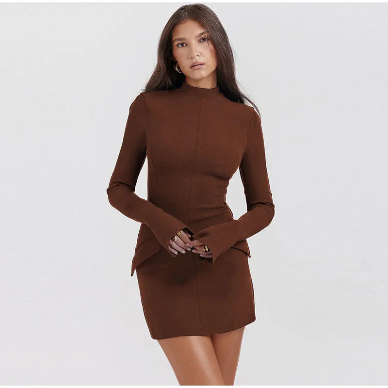 Elegant Dark Blue Solid High Waist Mini Dress Women Fashion Pocket decora Long Sleeve Bodycon Dresses  Chic Party Club Robes voguable