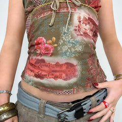 Voguable  Vintage Flower Print Cami Women Fairycore Grunge Lace Patchwork Tie-up Bow Spaghetti Straps Crop Tops Sexy Streetwear voguable