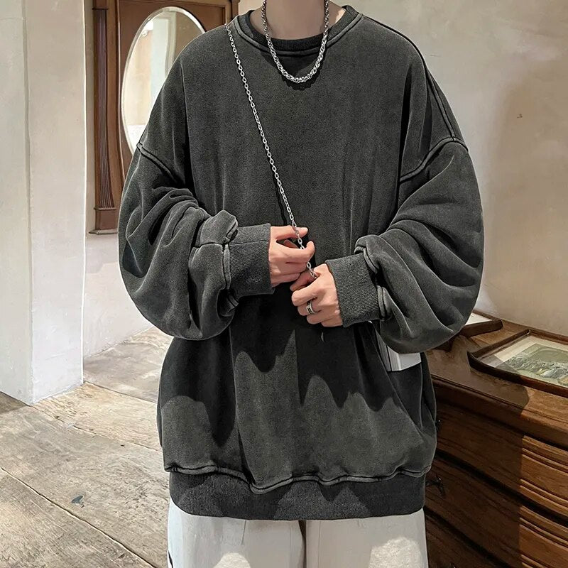 American Washed Old Pullovers Sweatshirts Men Loose Solid Color Autumn Large Size Warm O Neck Tops Hip Hop Y2k Sweatshirt voguable