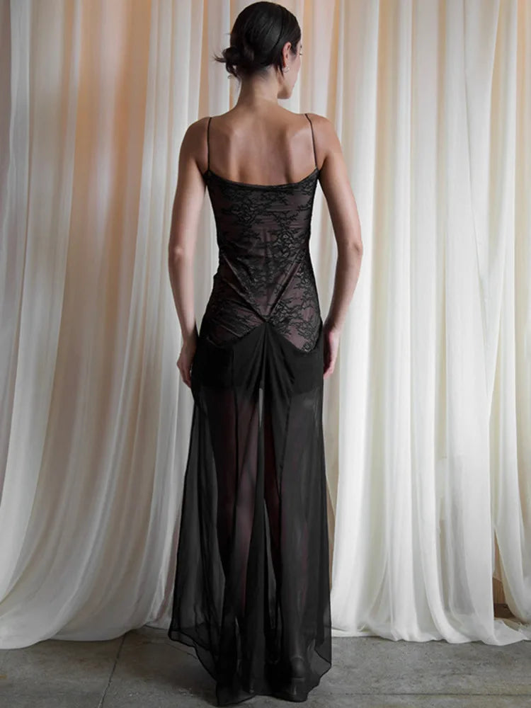 Lace Spaghetti Strap Sexy Maxi Dress Women Fashion Patchwork Sleeveless Backless See Through Club Party Long Dress voguable