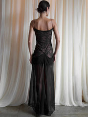 Lace Spaghetti Strap Sexy Maxi Dress Women Fashion Patchwork Sleeveless Backless See Through Club Party Long Dress voguable