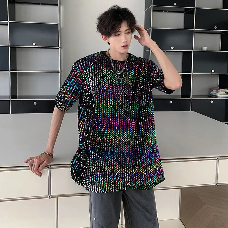 Voguable Colorful Sequin Design Personality Trendy Short Sleeved T-shirts Summer New Original Fashion High Street Men Tops voguable