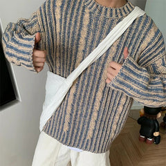 Voguable  Fashionable Striped Knitting Sweaters Men Autumn Streetwear Y2K Loose O Neck Long Sleeve Knit T-shirts Mens Vintage Sweater Tops voguable