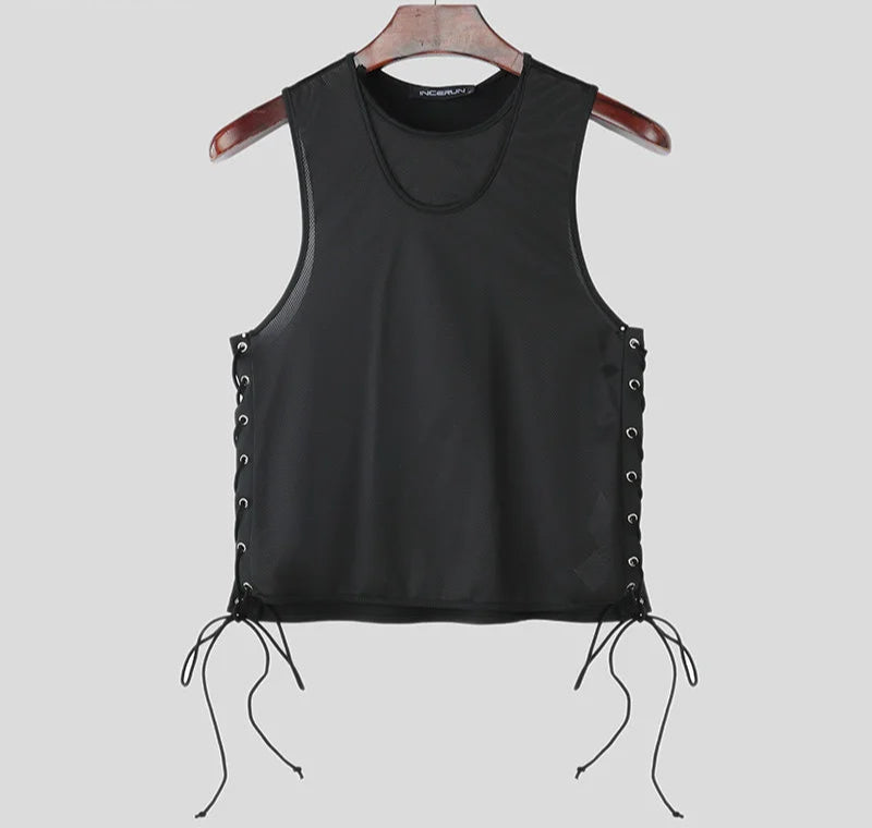 Men Tank Tops Solid Color Lace Up O-neck Sleeveless Sexy Male Vests Summer Streetwear Hollow Out Fashion Crop Tops voguable