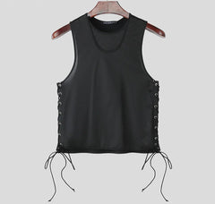 Men Tank Tops Solid Color Lace Up O-neck Sleeveless Sexy Male Vests Summer Streetwear Hollow Out Fashion Crop Tops voguable