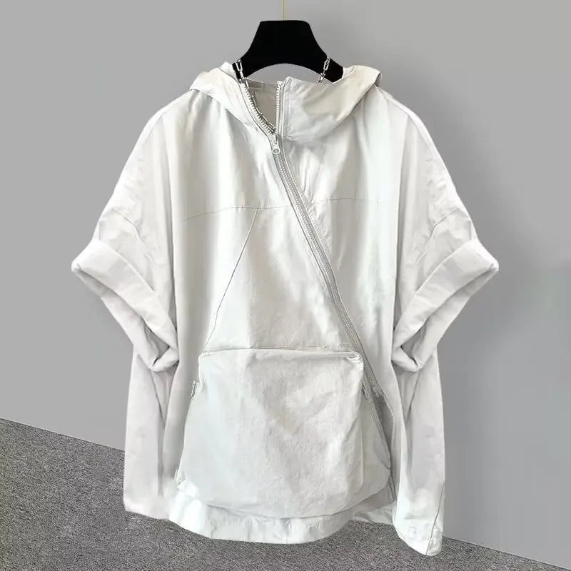 Voguable  Trendy Zip-Up Hooded Short Sleeve Men's T-Shirt Korean Style Loose Fit Large Pocket Summer Casual Tops voguable