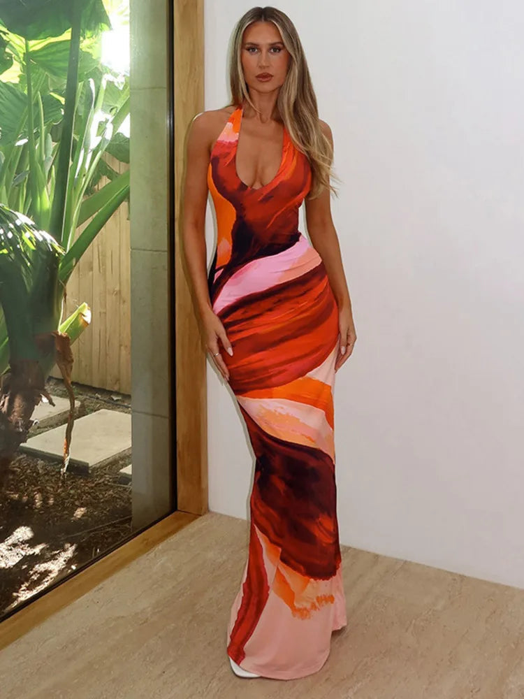 Halter Deep V Neck Print Sexy Maxi Dress For Women Fashion Lace-up Sleeveless Backless Bodycon Printed Long Dress voguable