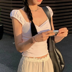 Voguable All-math T-shirts Women's Casual Basic Chest Folds V-neck Drop-shoulder Sleeves T-shirts Korean Style Streetwear Tees voguable