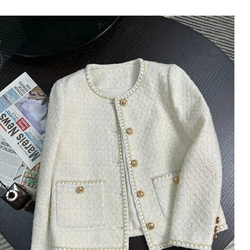 Chic White Tweed Jackets Women Korean Long Sleeve Sweet Coat Fashion O Neck Elegant Casual Female All Match Outwear Tops voguable