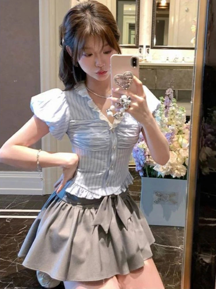 Voguable 2024 New Japanese Style Kawaii Suit Girls Cute Stripe Slim Bouse + Bow Y2k Mini Skirt Korean Fashion Sweet Skirt Set Woman Chic voguable