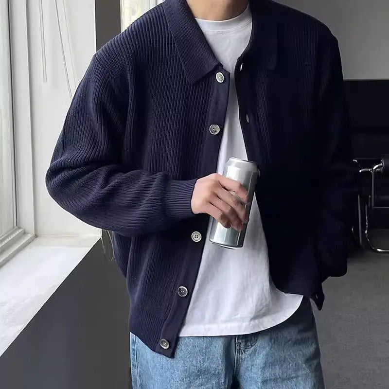 Voguable Korean Casual Spring Autumn Knitted Cardigan Sweaters Coat Men Lapel Solid Versatile Loose Long Sleeve Navy Blue Heavy Jackets voguable