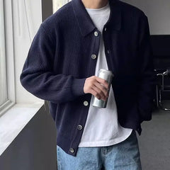 Voguable Korean Casual Spring Autumn Knitted Cardigan Sweaters Coat Men Lapel Solid Versatile Loose Long Sleeve Navy Blue Heavy Jackets voguable