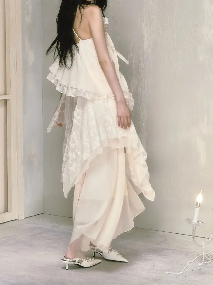 Voguable  2024 Summer French Vintage Midi Dress Women Y2k Lace Patchwork Elegant Beach Style Strap Dress Female Korea Fashion Chic Clothes voguable