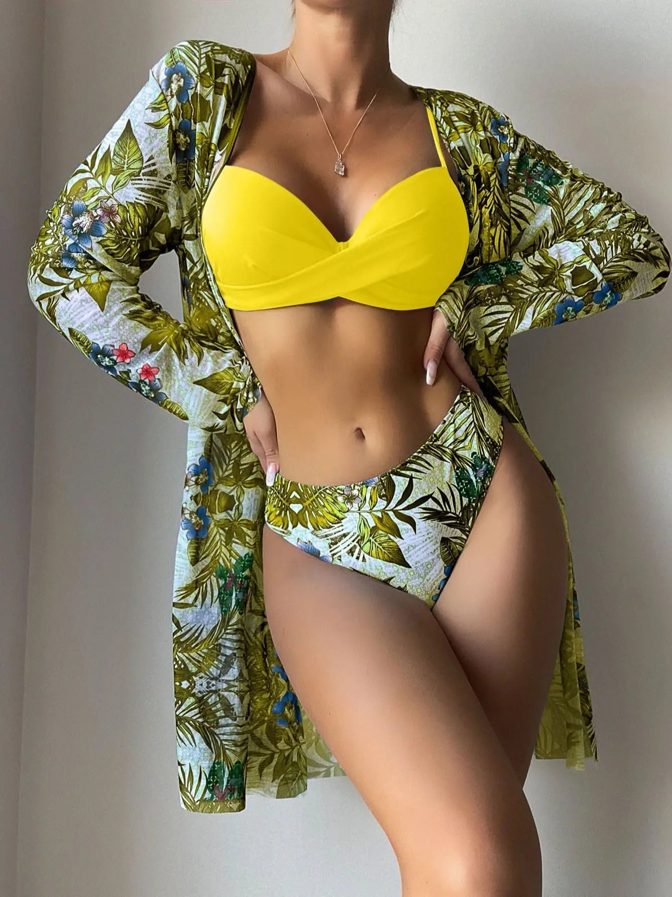 Voguable  Print Beach Cover Up And Bikini Set Sexy Swimwear Women Hollow Out Swimsuit High Waist Biquini Female Three Piece Beachwear voguable