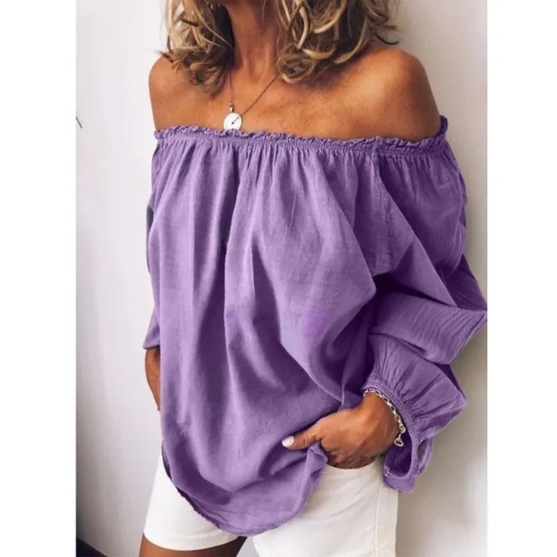 Voguable  Oversized Off Shoulder Casual Slash Neck Pleated Solid Color Long Sleeved Blouse Spring  Lightweight Loose Simple Women's Shirt voguable