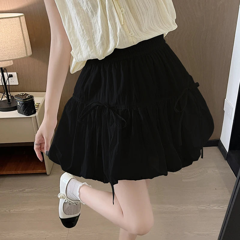 Voguable  Sweet Bow Pleated Fluffy Skirts for Women Summer Korean Style Elastic Waist Lantern Skirt Woman Loose White A-Line Short Skirts voguable