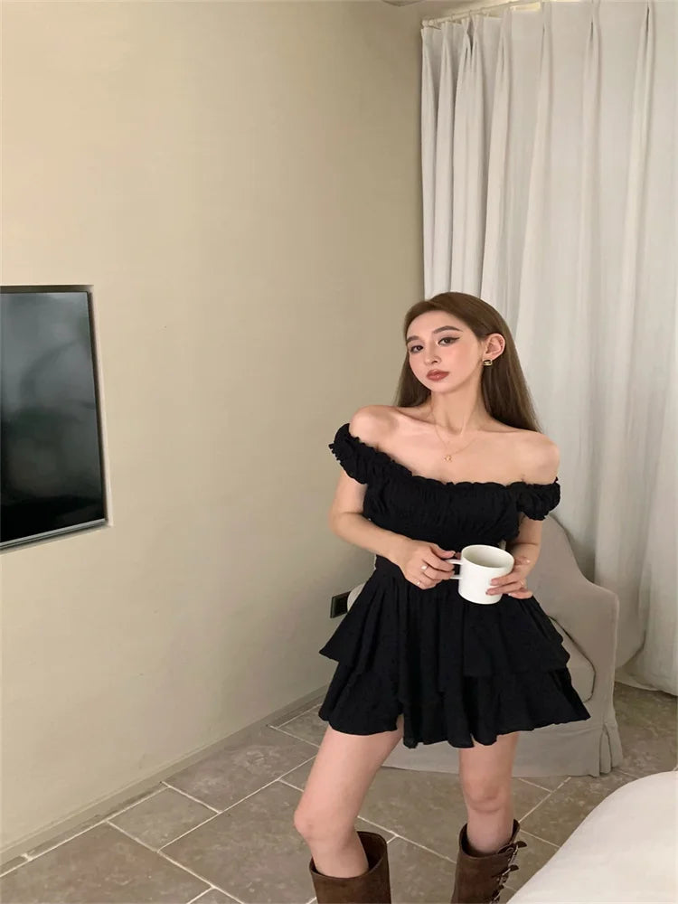 Voguable White Off Shoulder Short Sleeved Vest Dress for Women Summer Sweet Spicy Pleated Ruched Waist Boho Short Dresses Tank Dress voguable
