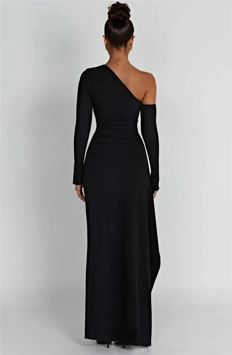 Oblique Shoulder Thigh High Split Maxi Dress Women Long Sleeve Backless Bodycon Sexy Club Party Long Dress Vestidos voguable