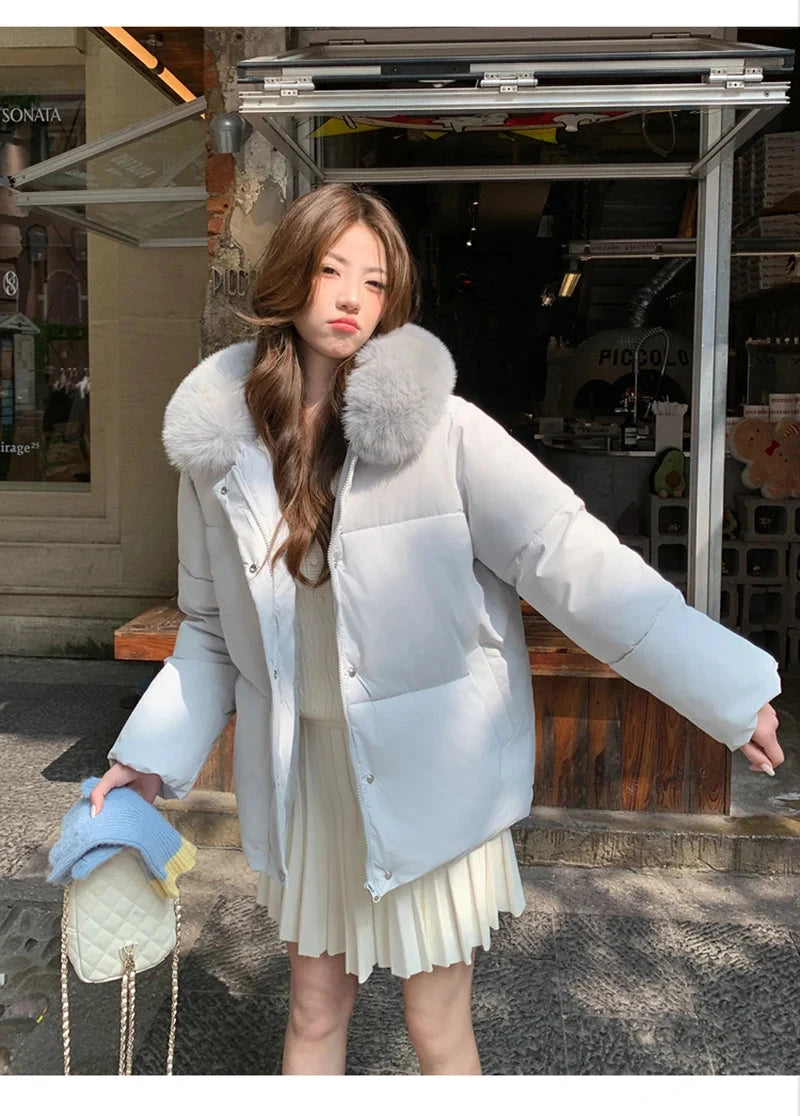 Preppy Style Sweet Parkas Women Cute Long Sleeve Vintage Faux Fox Hooded Cotton Coat Korean Winter Thick Warm New Outwear voguable