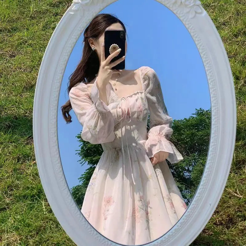 Voguable  Summer Elegant Floral Fairy Dress Woman Beach Style Party Long Sleeve Midi Dress Fashion French Style Chiffon Dress voguable