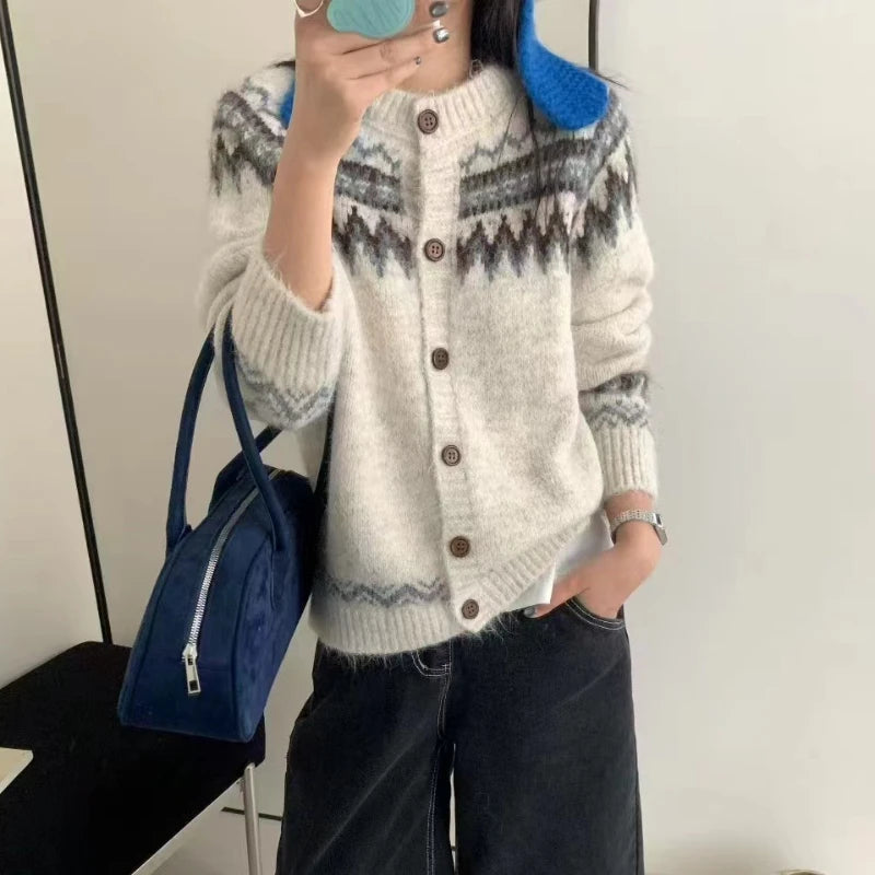 Fair Isle Sweater Cardigan Women Long Sleeve Button-Up Crewneck Knitted Jacket Cardi Female Knitwear Fall Winter Vintage Outfit voguable