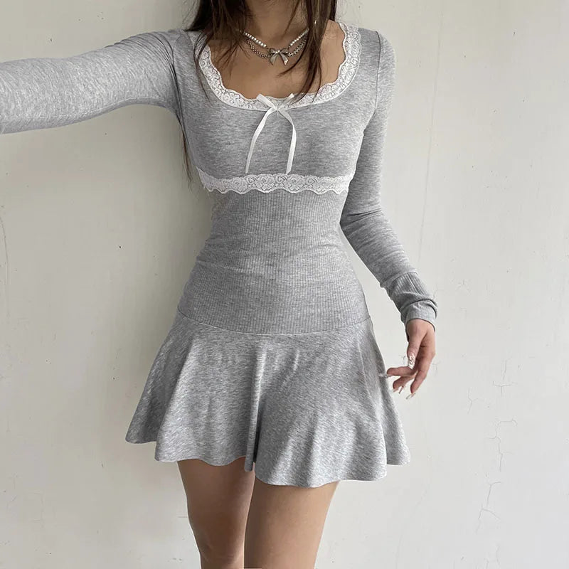 Voguable Lace Patchwork Knitted Mini Dresses Women Autumn Y2K Sweet Bow Bodycon Long Sleeve Pleated Dress Casual Korean Style voguable