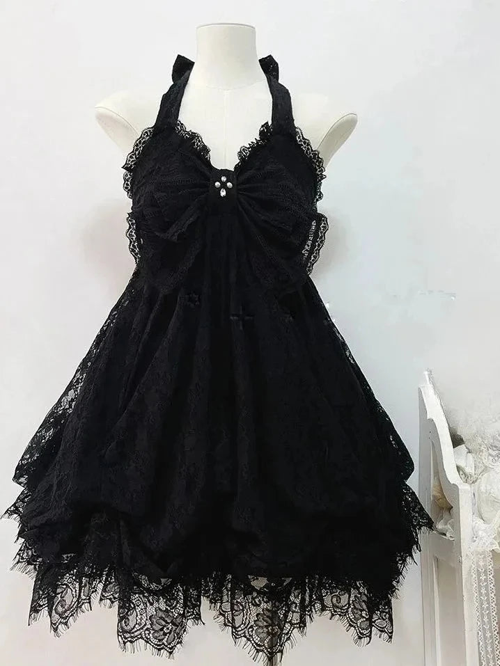 Voguable  Summer Japanese Sweet Kawaii Lolita Dress Women Vintage Lace Bow Ruffle Cake Dress Harajuku Y2k Slim Bandage Dress Fashion voguable