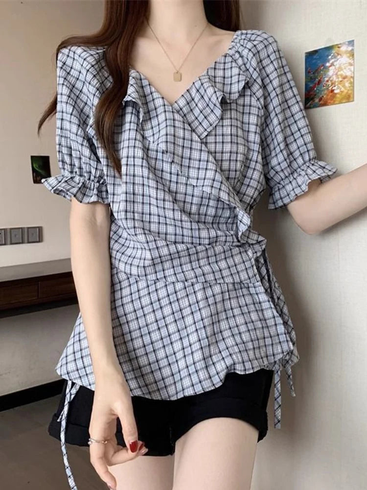 Ruffles Vintage Plaid Blouse Women Causal Sweet Slim Short Sleeve Shirt Korean Retro Female Lace Up Elegant Design Tops New voguable