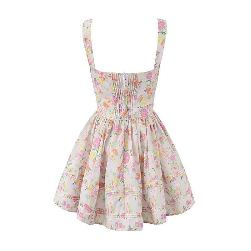 Sexy Elegant Women Lace Trim  Floral Print Mini Dress Low Waist Square Neck Female Summer Party Dress Holiday Robe