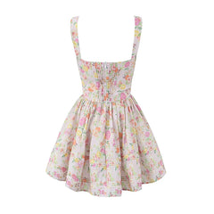 Sexy Elegant Women Lace Trim  Floral Print Mini Dress Low Waist Square Neck Female Summer Party Dress Holiday Robe