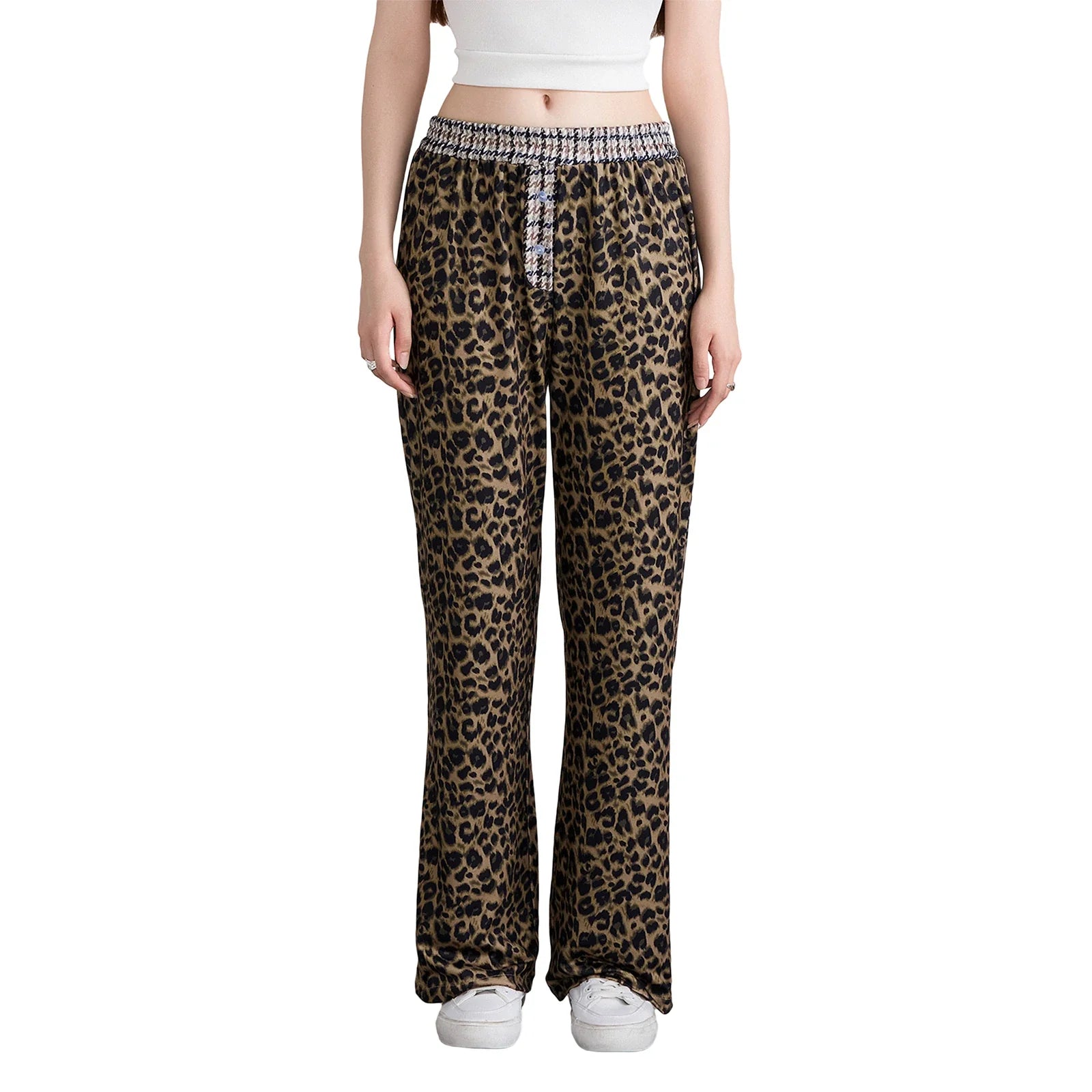Fashion Vintage Leopard Print Wide-leg Pants Women Casual High-waisted Trouser Spring Summer Office Lady Clothes Streetwear Pbong