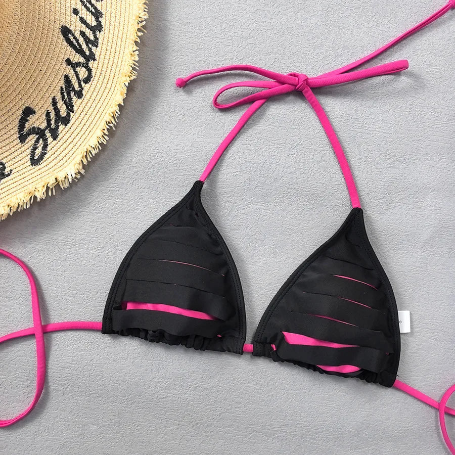 Voguable  Sexy Black Patchwork Micro Bikini  Women Neon Green Strap Push Up Bra Tie Side Thong Swimsuit Beach Bathing Suit Swimwear voguable