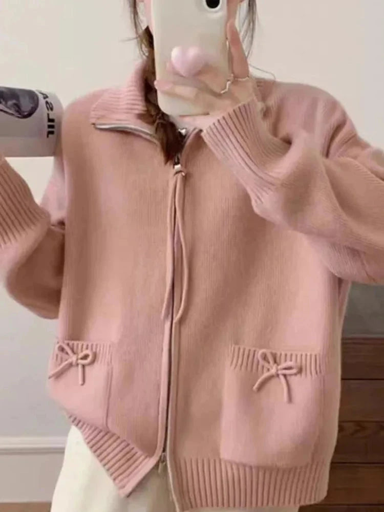 Korean Bow Cardigan Women Lazy Wind Double Zipper Long Sleeve Knitted Jacket Vintage Sweet Casual Preppy Style Tops Coat voguable