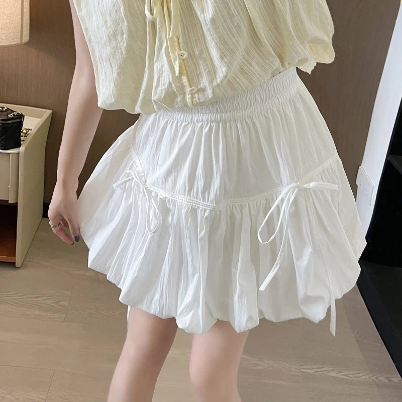 Voguable  Sweet Bow Pleated Fluffy Skirts for Women Summer Korean Style Elastic Waist Lantern Skirt Woman Loose White A-Line Short Skirts voguable