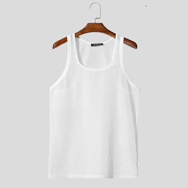 Men Tank Tops Solid Color O-neck Sleeveless Mesh Male Vests Summer Streetwear Transparent Hollow Out Men Clothing voguable