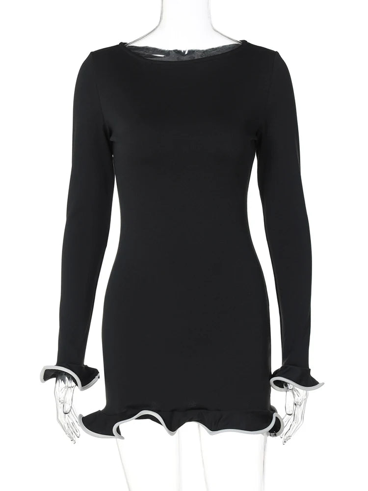 TARUXY Sexy Slim Mini Dress For Women Ruffled Knitted Dress Long Sleeve Contrast Color Autumn Winter Fashion Gown Dresses Lady voguable