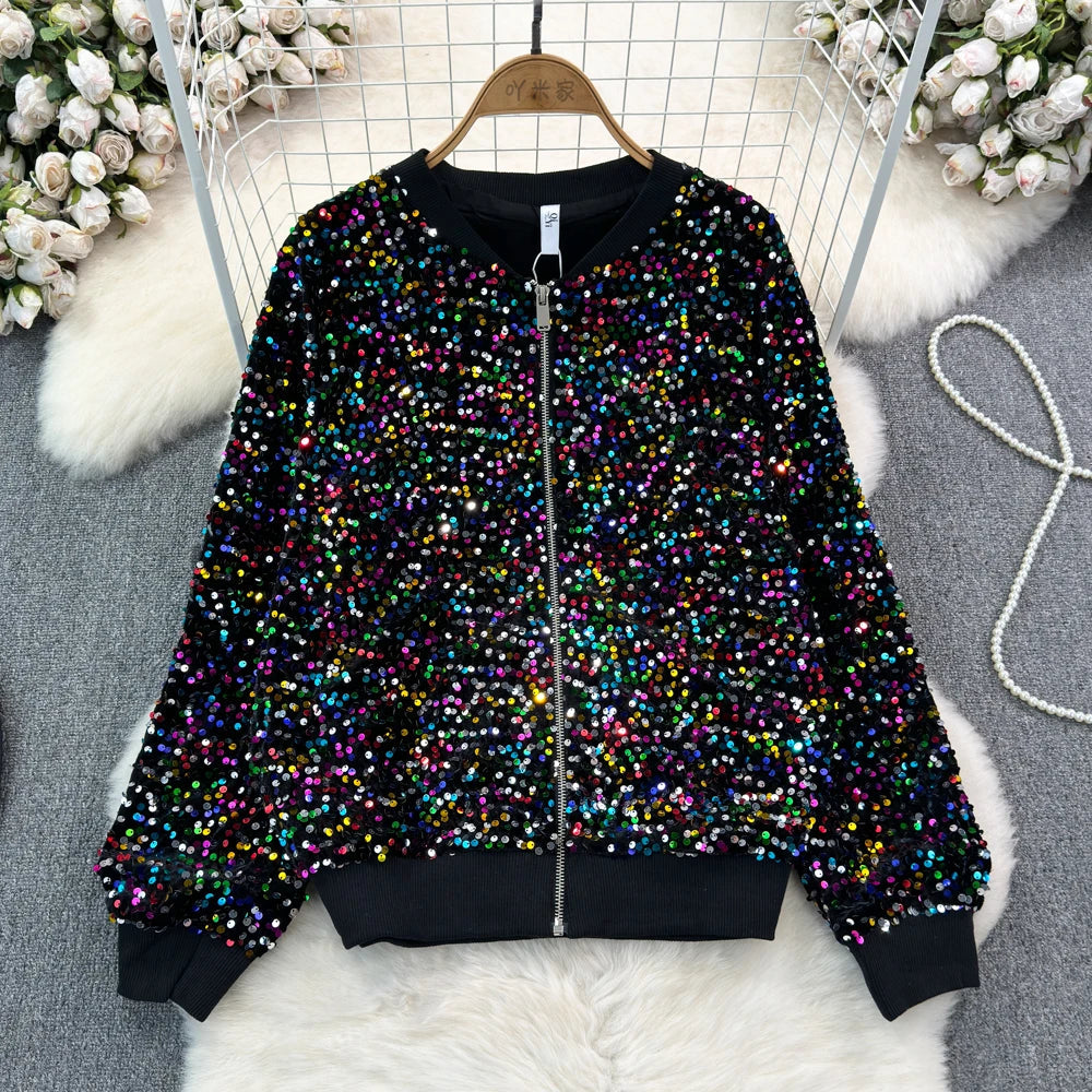 Voguable  Spring Autumn Loose Jacket Long Sleeved Casual Fashion Baseball Sequin Women Coats voguable