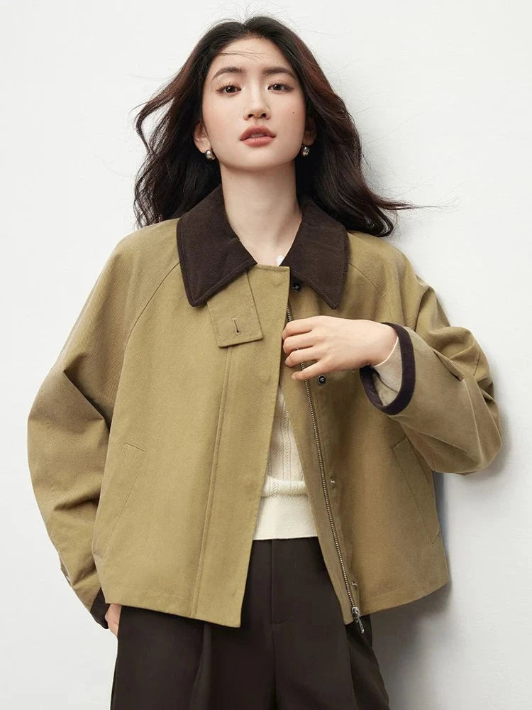 Vintage Casual Khaki Jacket Women Long Sleeve Patchwork High Quality Coat Korean All Match Women Fall Winter Embroidery Top voguable
