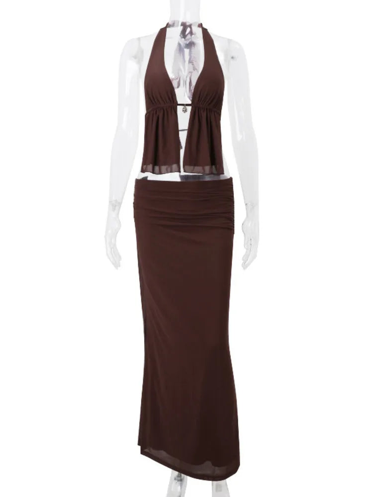 Hollow Out Lace-up Sexy Skirt 2 Piece Sets Women Brown Halter Crop Tops And Maxi Skirt Female Skinny Sexy Two Piece Set voguable