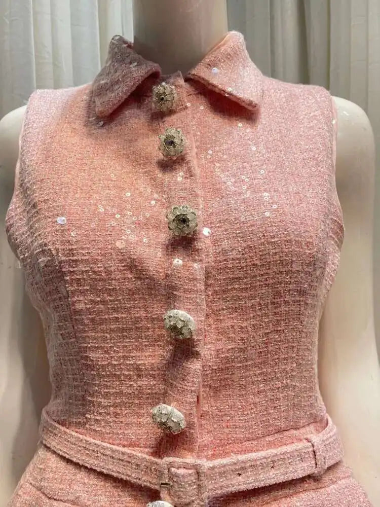 Women's Tweed Sequins Spliced 2 Pcs Set  Lapel Lace-up Sleeveless Belt Coat Pleated Mini Skirts Set 2025 New Tide voguable